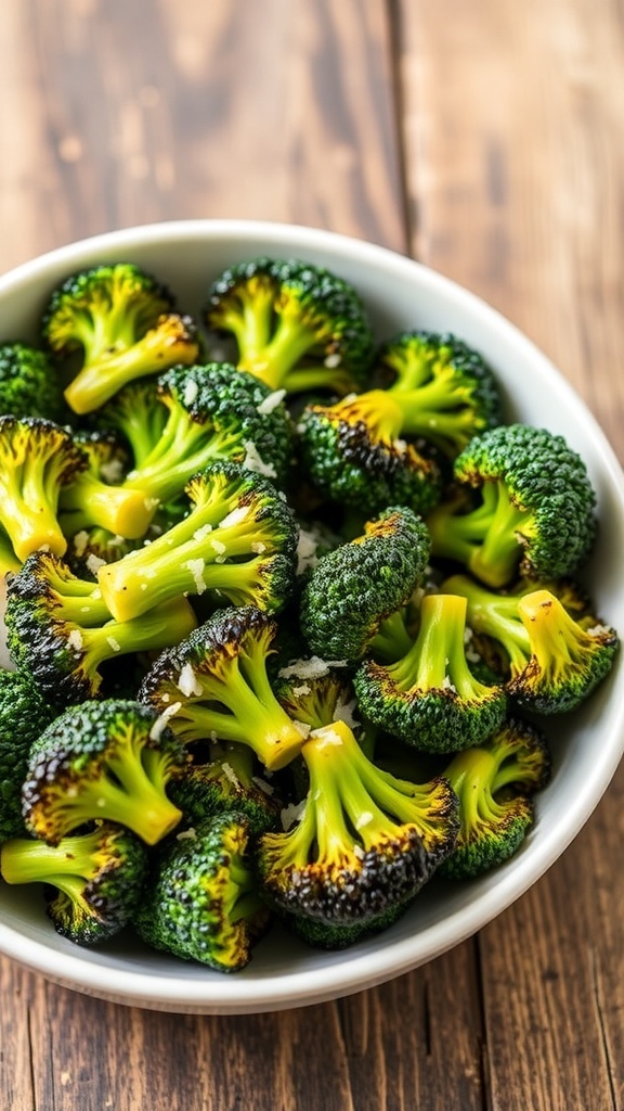 Air Fryer Grilled Broccoli Recipe Crispy air fryer grilled broccoli garnished with Parmesan cheese on a wooden table.